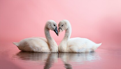 Pastel minimal portrait on a pastel pink background. Pure love of two cute baby animal swans hugging each other. Wild animals concept