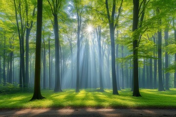 Obraz premium Serene Sunlit Forest with Green Leaves and Soft Light