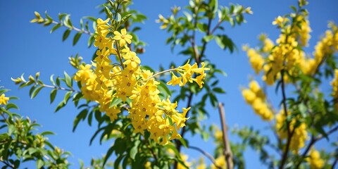 Yellow flowers of Senna spectabilis on a tree with dense leaves against a bright blue sky, nature, vibrant blooms, green leaves