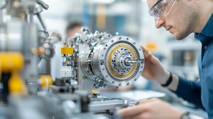 Calibrating proton beam accelerator for nucleus experiments lab technical precision scientific environment side view atomic insights