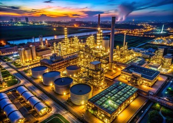 Fototapeta premium Aerial View of a Gasoline Refinery at Night with Illuminated Chimney and Reservoir Surrounded by Shadows and Low Light Effects for Atmospheric Impact and Industrial Aesthetics