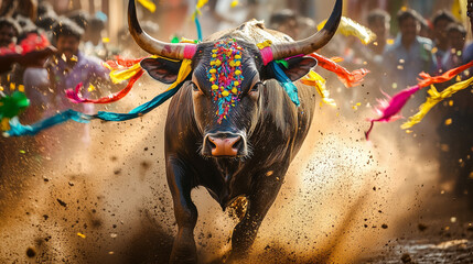 Jallikattu in Tamil Nadu, bull with horns decorated with brightly colored ribbons surrounded by participants and spectators, Ai generated images