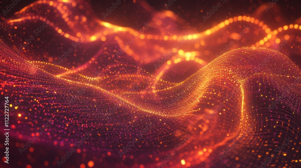 Poster futuristic particle mesh background with glowing nodes and flowing connections.