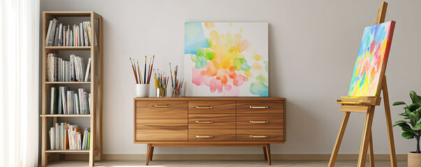 Modern interior with colorful artwork and wooden furniture.