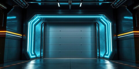 Obraz premium Futuristic garage entrance with neon-lit accents and metallic finish, modern machinery, glowing details, car lift