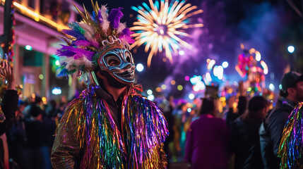 Obraz premium Mardi Gras Baton Rouge at night, streets filled with people dressed in colorful costumes and masks, Ai generated images