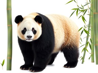 Fototapeta premium Giant panda standing on white background with bamboo stalks, forest, nature