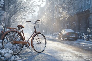 Obraz premium Light brown bicycle resting under a blanket of snow, parked on a quiet winter city street, creating a serene urban landscape. Color of 2025 year mocha mousse