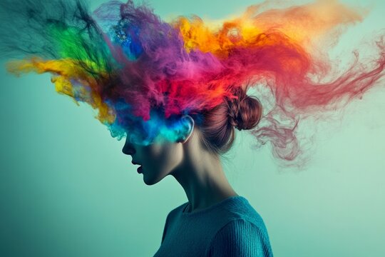 Photo illustration of a human with rainbow gradient smoke fusion representing creativity, psychology, and mental inspiration, the psychological and cognitive science of human beings.