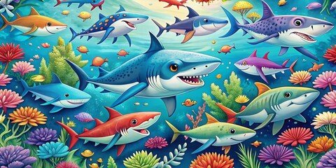 Obraz premium Happy Shark Family Seamless Pattern - Landscape Photography