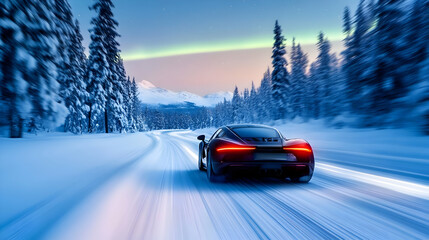 Fototapeta premium Speeding sports car, winter road, snowy landscape, aurora borealis