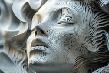 human head sculpture with the concept of creative mind and the spinning wheel of life with gear and curved shape pattern, life and journey illustration, state of mind