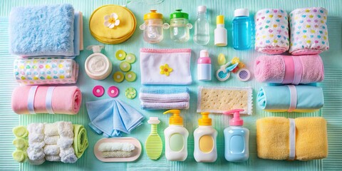 Fototapeta premium Aerial View of Essential Hygiene Products for a Newborn Baby Including Baby Wipes, Diapers, Lotion, and Bath Supplies on a Soft Blanket, Perfect for Parenting and Baby Care Stock Photos