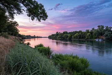 Fototapeta premium Lush greenery and tranquil water of the Sacramento River at dusk, sacramento river, scenic, tranquil