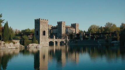 Majestic stone castle-like building reflected in tranquil water, surrounded by lush gardens and trees.