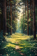 Obraz premium Sunlit path through a lush, green forest with tall trees and wildflowers.