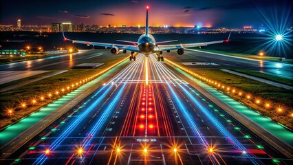 Fototapeta premium Aerial View of Long Exposure Light Trails from Landing Airplane on Airport Runway at Night, Capturing the Dynamic Motion and Illumination of Aviation Operations