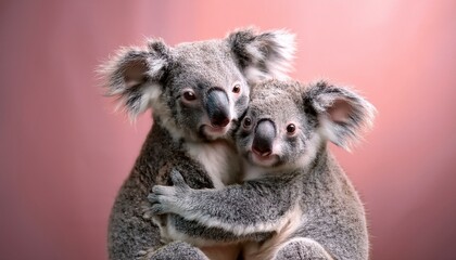 Fototapeta premium Animal tender, romantic love, pastel background. Baby koalas hug and cuddle. Valentine's Day in the animal world