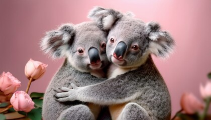 Obraz premium Animal tender, romantic love, pastel background. Baby koalas hug and cuddle. Valentine's Day in the animal world