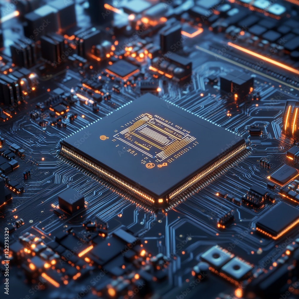 Leinwandbilder Isometric artificial intelligence, ai analysis with processor chip.