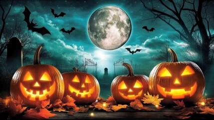 Fototapeta premium Pumpkins illuminated by full moonlight in a spooky Halloween setting