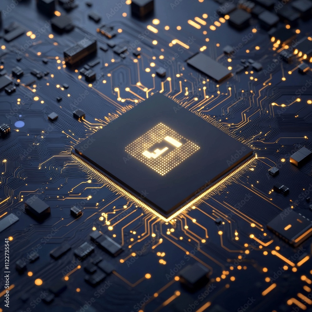 Aufkleber Processor with integration AI. AI Letters on chip. CPU connected to data storage. Artificial intelligence technology in electronic chip. Data processing by artificial intelligence chip. AI hardware.