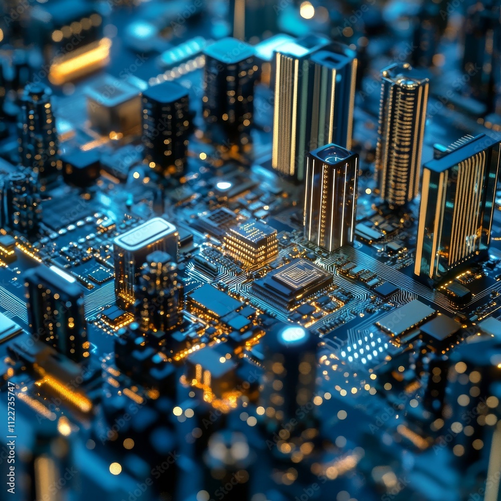 Poster smart city concept. ai controls futuristic smart city. isometric futuristic buildings inside chip wi