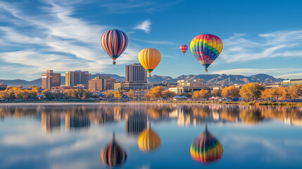 Albuquerque Hot Air Balloon Festival, beautiful hot air balloons in the air with a bustling cityscape in the background, Ai generated images