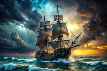 Fototapeta premium Vintage Pirate Ship 3D Rendering, Black Sailing Vessel, Architectural Photography