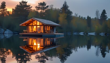 Obraz premium Tranquil sunset reflection of modern cabin on serene lake nature landscape photography peaceful wilderness environment aerial viewpoint serenity concept