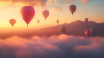 Naklejka premium Albuquerque International Balloon Fiesta, morning sky filled with colorful balloons flying slowly, Sandia Mountains covered in morning mist in the background, Ai generated images