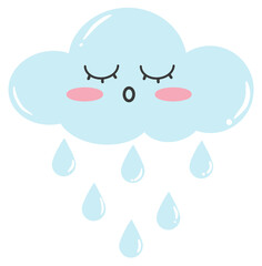 A cute blue cloud is releasing raindrops.