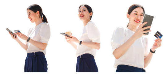 Business asia woman using credit card for shopping and mobile banking cutout isolated white background