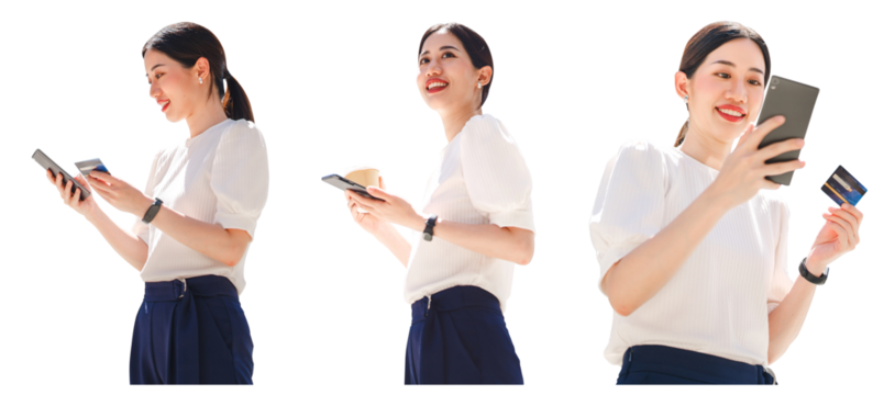 Business asia woman using credit card for shopping and mobile banking cutout isolated white background