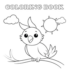Coloring page for kids cute baby cockatoo with a fun crest, sitting on a tree branch with the sun shining behind it.
