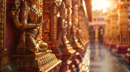 Fototapeta premium A quiet temple with intricate carvings and golden statues of deities.