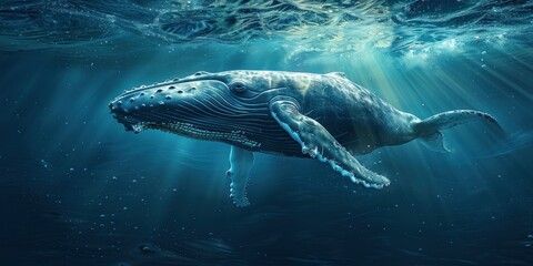 Naklejka premium Humpback Whale Gliding Through Sunbeams