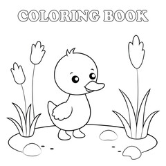 Coloring page for kids cute baby baby duck waddling near a pond with cattails, lily pads, and frogs.
