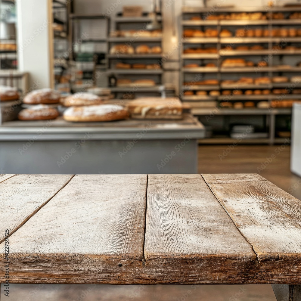 Aufkleber wooden board empty table background. abstract blurred bakery shop background