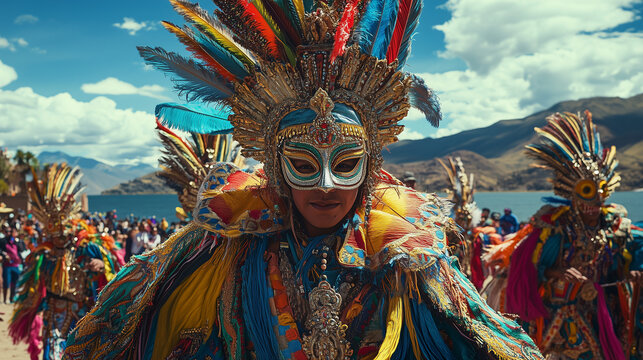 Festival de la Candelaria in Puno, Peru, colorful religious procession with dancers wearing traditional costumes, large decorative hats and masks, Ai generated images