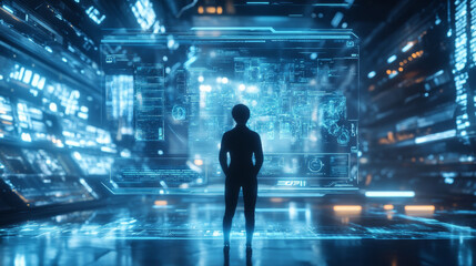Obraz premium abstract futuristic background of blue glowing technology sci fi frame, hud ui, lower third button bar