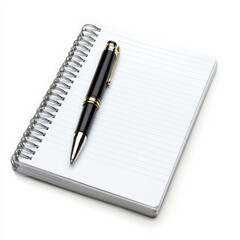 clean, minimalist composition featuring a spiral-bound notebook with lined pages and a black luxury pen resting diagonally on the open notebook. The white background highlights the simplicity and eleg
