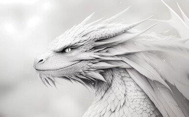 Drawing pencil sketch of  Dragon black and white. Hand-drawn dragon in profile, showing intricate textures and graceful design, with a soft and peaceful atmosphere around it