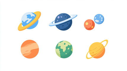Obraz premium Colorful cartoon planets flat icon kit. Cosmic world, alien space design elements. Earth, satellite with rings, frozen ice, craters and technology comets surface.