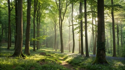 Fototapeta premium Soft focus captures the serene beauty of a forest illuminated by dappled sunlight, forest ambiance, green foliage
