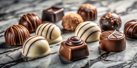 An Exquisite Display of Dark, Milky, and White Chocolates on a Marble Surface in Tilt-Shift Photography Style for a Luxurious Culinary Experience