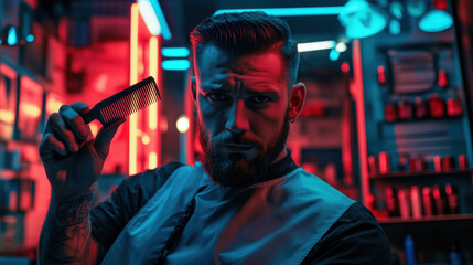 confident barber presenting styled haircut with comb in vibrant salon. atmosphere is energetic and modern, showcasing blend of colors and style