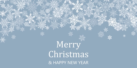 Fototapeta premium Merry Christmas snowfall greeting template, vector background, festive card or poster design, blue and white wallpaper concept