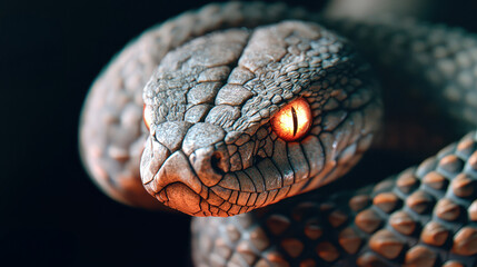 Fototapeta premium Year of Snake Chinese Zodiac Concept, Serpent with Glowing Eyes Emerging from Shadows in a Dark and Mysterious Environment