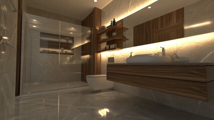 Modern bathroom design with wooden vanity, glass shower, and marble floor.